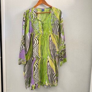 Raj 100% Silk Tunic Top Beach Cover-up Green Purple Abstract Embroidered Boho
